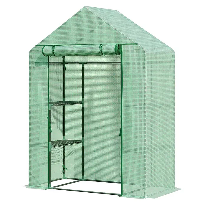 Floordirekt Gewächshaus Harrest - Außenmaß inkl. Dachüberstand (B x T): 143 x 73 cm, Material Seitenwand: Kunststoff - Grünes begehbares Gewächshaus mit durchscheinender Gitterabdeckung, aufgerollter Tür und Innenregalen.