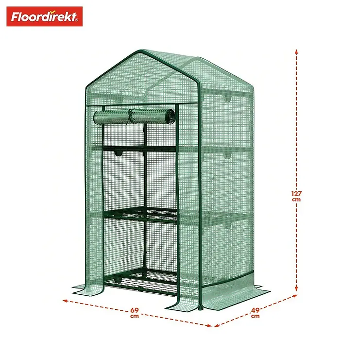 Floordirekt Folien-Gewächshaus Bloom - 49 x 69 x 127 cm, 3 Etagen, aufrollbare Tür mit Reißverschluss - Grünes Mini-Gewächshaus mit transparenter Netzabdeckung, Metallrahmen und mehreren Regalböden.