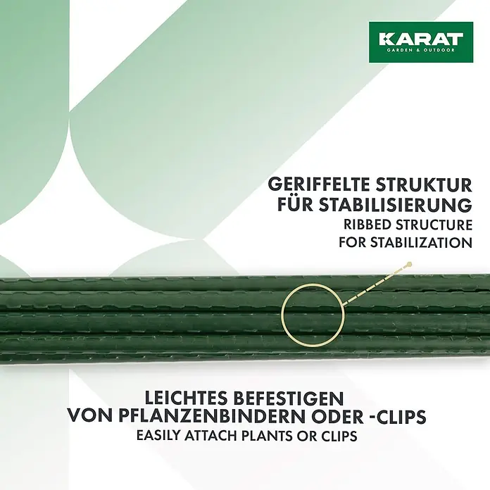 Pflanzstab Leah - Ø x H: 1,1 x 60 cm, Stahl, 10 Stk. - Nahaufnahme von dunkelgrünen, geriffelten Gartenstäben, die die texturierte Oberfläche für Stabilisierung und einfache Befestigung zeigen.