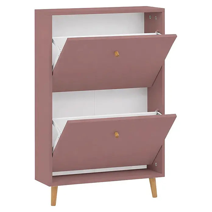 Schildmeyer Bjarne Schuhschrank - L x B x H: 19,5 x 59,8 x 92,2 cm, Mauve, Anzahl Fächer: 2 Stk. - Zweistöckiger, altrosa Schuhschrank mit ausklappbaren Türen, Holzgriffen und schrägen Beinen.