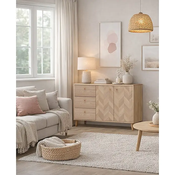 Schildmeyer Visby Sideboard - L x B x H: 33 x 109 x 73,9 cm, Eiche, Anzahl Schubladen: 3 Stk., Anzahl Türen: 2 Stk. - Gemütliches Wohnzimmer mit hellem Sofa, Holzkommode mit Fischgrätmuster und Naturdeko wie Weidenkorb und Teppich.