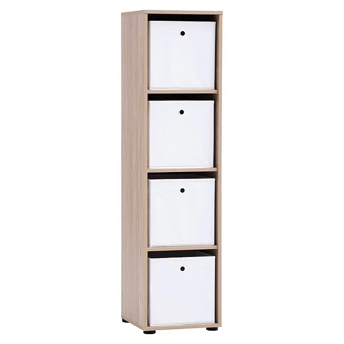 Schildmeyer Arezzo Holzregal - L x B x H: 38,2 x 38,2 x 150 cm, Anzahl Böden: 3 Stk., Eiche - Hohes Regal aus hellem Holz mit 4 weißen Stoffaufbewahrungsboxen.