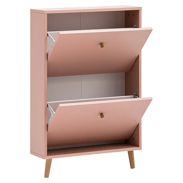 Schildmeyer Bjarne Schuhschrank - L x B x H: 19,5 x 59,8 x 92,2 cm, Apricot, Anzahl Fächer: 2 Stk. - Rosafarbenes Schuhschrank mit zwei geöffneten Kippfächern, Holzknöpfen und Holzbeinen.