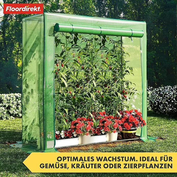 Floordirekt Gewächshaus Botanika - Außenmaß inkl. Dachüberstand (B x T): 200 x 77 cm, Material Seitenwand: Kunststoff - Grünes, tragbares Gewächshaus mit Netzabdeckung, in dem Pflanzen in einem Garten wachsen.