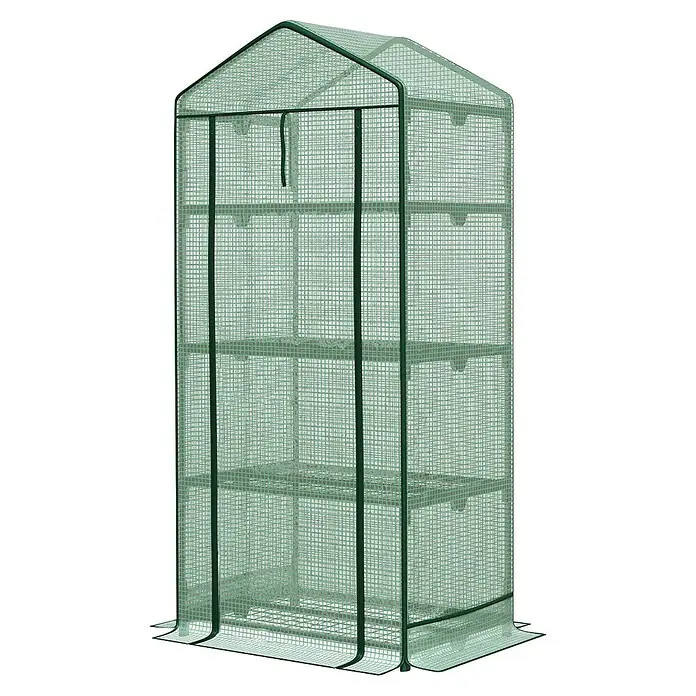 Floordirekt Folien-Gewächshaus Bloom - 49 x 69 x 160 cm, 4 Etagen, aufrollbare Tür mit Reißverschluss - Hohes, schmales tragbares Gewächshaus mit grünem Gestell und transparenter Gitterabdeckung, mit mehreren Einlegeböden.