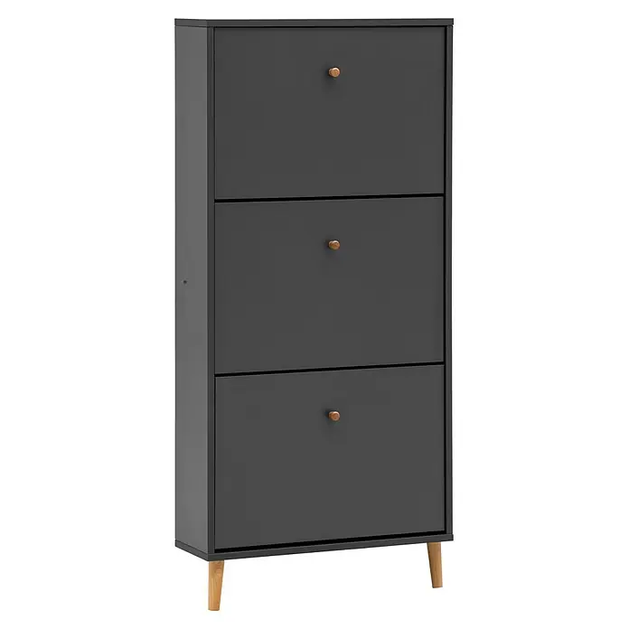 Schildmeyer Bjarne Schuhschrank - L x B x H: 19,5 x 59,8 x 131 cm, Anthrazit, Anzahl Fächer: 3 Stk. - Dunkelgrauer Schuhschrank mit drei Kippfächern, jeweils mit kleinem Holzknauf, auf hellen konischen Holzbeinen.