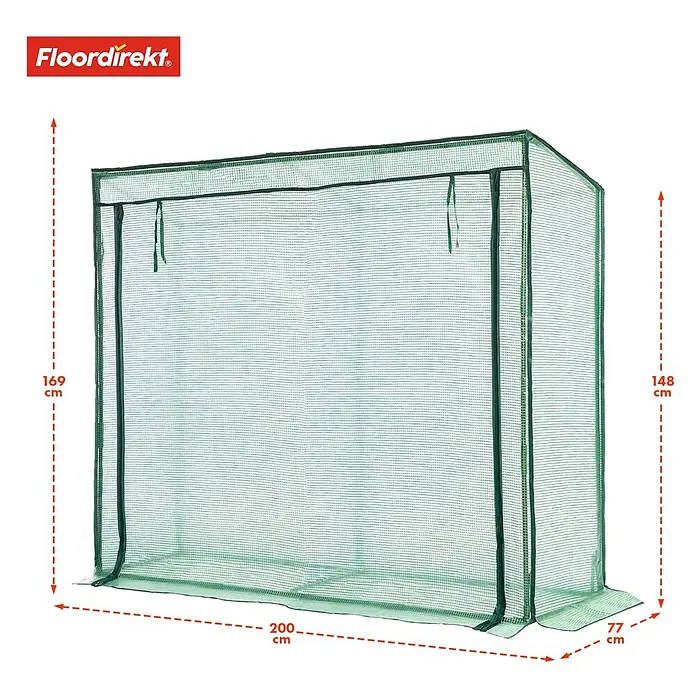 Floordirekt Gewächshaus Botanika - Außenmaß inkl. Dachüberstand (B x T): 200 x 77 cm, Material Seitenwand: Kunststoff - Grünes, rechteckiges Gewächshaus mit detaillierten Abmessungen.