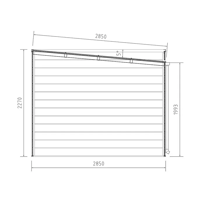 Fjordholz Gartenhaus Cubus 2-Raum 10,98 m² - Außenmaß inkl. Dachüberstand (B x T): 385 x 285 cm, Aluminium, Schwarz / Grau - Technische Zeichnung eines Schuppens/Vordachs, Seitenansicht mit Maßen und 5-Grad-Dachneigung.