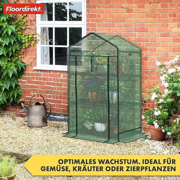 Floordirekt Folien-Gewächshaus Bloom - 49 x 69 x 160 cm, 4 Etagen, aufrollbare Tür mit Reißverschluss - Grünes Mini-Gewächshaus im Garten, ideal zum Anbau von Gemüse, Kräutern oder Zierpflanzen.