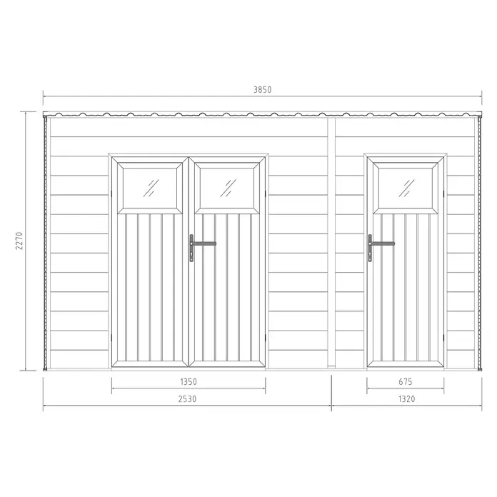 Fjordholz Gartenhaus Cubus 2-Raum 10,98 m² - Außenmaß inkl. Dachüberstand (B x T): 385 x 285 cm, Aluminium, Schwarz / Grau - Technische Zeichnung eines Holzschuppens mit einer Doppeltür und einer Einzeltür.