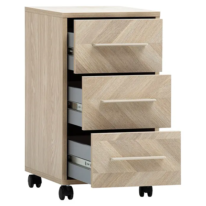 Schildmeyer Arezzo Rollcontainer - L x B x H: 39,1 x 32,6 x 59,7 cm, Eiche/Fischgräten, Anzahl Schubladen: 3 Stk. - Mobiler Schubladenschrank in heller Holzoptik mit drei teilweise geöffneten Schubladen, grauen Innenseiten und schwarzen Rollen.