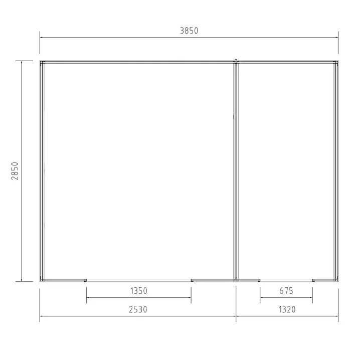 Fjordholz Gartenhaus Cubus 2-Raum 10,98 m² - Außenmaß inkl. Dachüberstand (B x T): 385 x 285 cm, Aluminium, Schwarz / Grau - Grundriss einer rechteckigen Struktur. Gesamtmaße: 3850x2850. Interne Abschnitte mit Maßen detailliert.