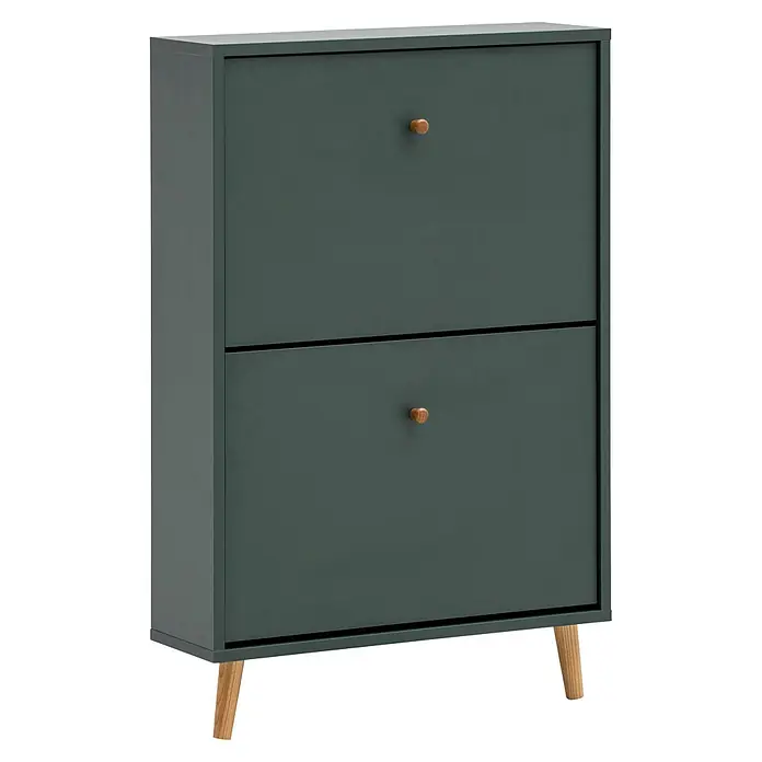 Schildmeyer Bjarne Schuhschrank - L x B x H: 19,5 x 59,8 x 92,2 cm, Waldgrün, Anzahl Fächer: 2 Stk. - Dunkelgrüner Schuhschrank mit zwei Schubladen, Holzknöpfen und Holzbeinen.
