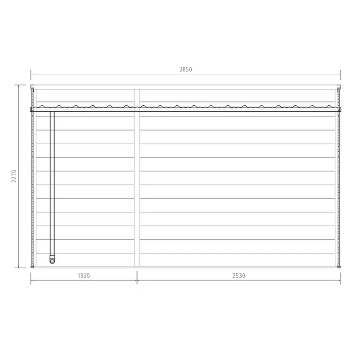 Fjordholz Gartenhaus Cubus 2-Raum 10,98 m² - Außenmaß inkl. Dachüberstand (B x T): 385 x 285 cm, Aluminium, Schwarz / Grau - Technische Zeichnung eines Rolladens mit den Abmessungen 3850mm Breite und 2270mm Höhe.