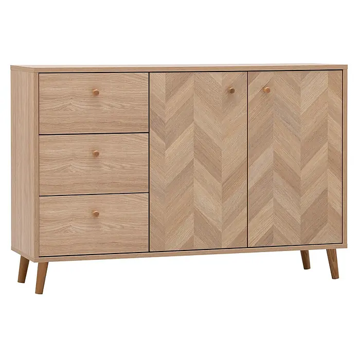 Schildmeyer Visby Sideboard - L x B x H: 33 x 109 x 73,9 cm, Eiche, Anzahl Schubladen: 3 Stk., Anzahl Türen: 2 Stk. - Helles Sideboard aus Holz mit drei Schubladen und zwei Schranktüren mit Fischgrätmuster, runden Holzknöpfen und konischen Beinen.