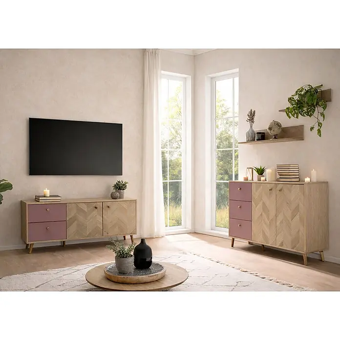 Schildmeyer Visby Lowboard - L x B x H: 33 x 109 x 54,1 cm, Mauve - Set aus zwei Holzschränken mit Chevron-Muster und rosa Schubladen, als TV-Möbel und Sideboard im Wohnzimmer genutzt.