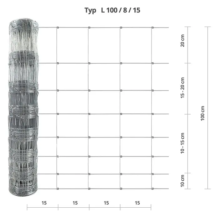 Floordirekt Maschendrahtzaun Wildzaun - 50 cm x 1 m, Grau - Gerollter verzinkter Drahtgeflechtzaun mit variierenden vertikalen Maschengrößen und 15 cm horizontalem Abstand, 100 cm hoch.