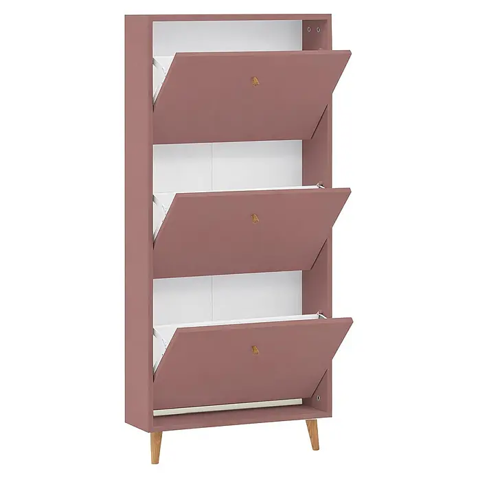Schildmeyer Bjarne Schuhschrank - L x B x H: 19,5 x 59,8 x 131 cm, Mauve, Anzahl Fächer: 3 Stk. - Mauvefarbener Schuhschrank mit drei Kippfächern und Holzknäufen, auf Holzbeinen.