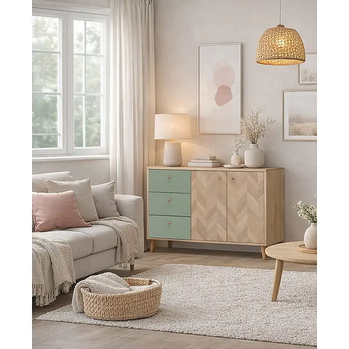 Schildmeyer Visby Sideboard - L x B x H: 33 x 109 x 73,9 cm, Pistazie, Anzahl Schubladen: 3 Stk., Anzahl Türen: 2 Stk. - Gemütliches Wohnzimmer mit hellem Sofa, Holzschrank mit grünen Schubladen und natürlicher Deko, inklusive Korbtasche und Lampen.