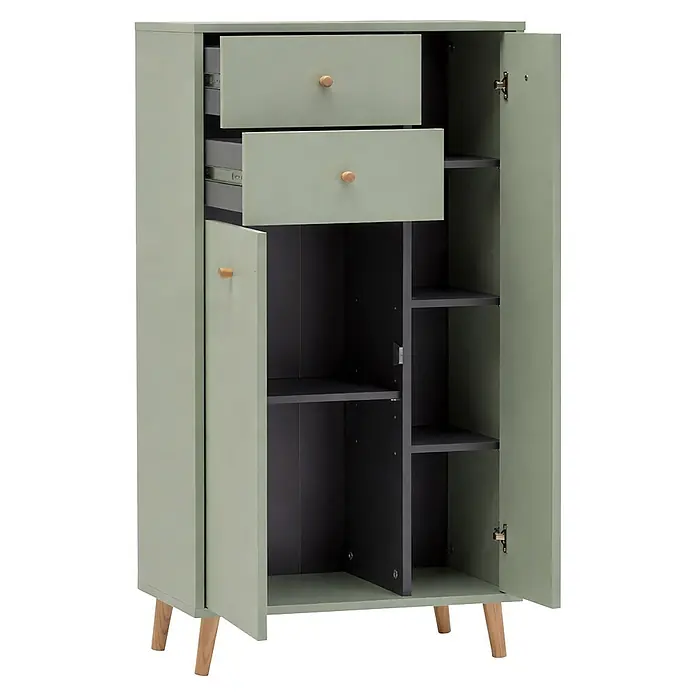 Schildmeyer Bjarne Highboard - L x B x H: 33,05 x 60,2 x 103,4 cm, Pistazie - Salbeigrüner Schrank mit zwei oberen Schubladen, zwei unteren Türen mit Regalen und naturfarbenen Holzbeinen und -knäufen.