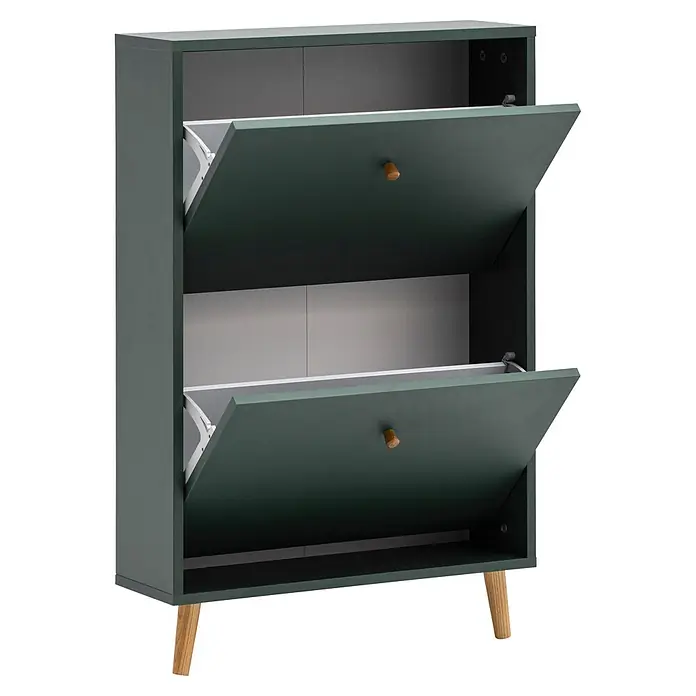 Schildmeyer Bjarne Schuhschrank - L x B x H: 19,5 x 59,8 x 92,2 cm, Waldgrün, Anzahl Fächer: 2 Stk. - Dunkelgrüner Schuhschrank mit zwei offenen Kippfächern und hellen Holzbeinen.