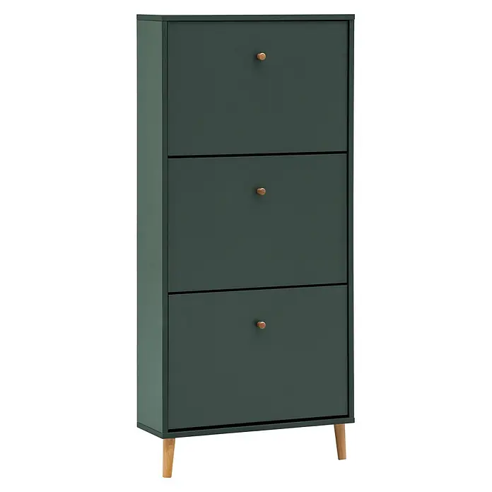 Schildmeyer Bjarne Schuhschrank - L x B x H: 19,5 x 59,8 x 131 cm, Waldgrün, Anzahl Fächer: 3 Stk. - Dunkelgrüner Schuhschrank mit drei Kippfächern, Holzknebeln und Holzbeinen.
