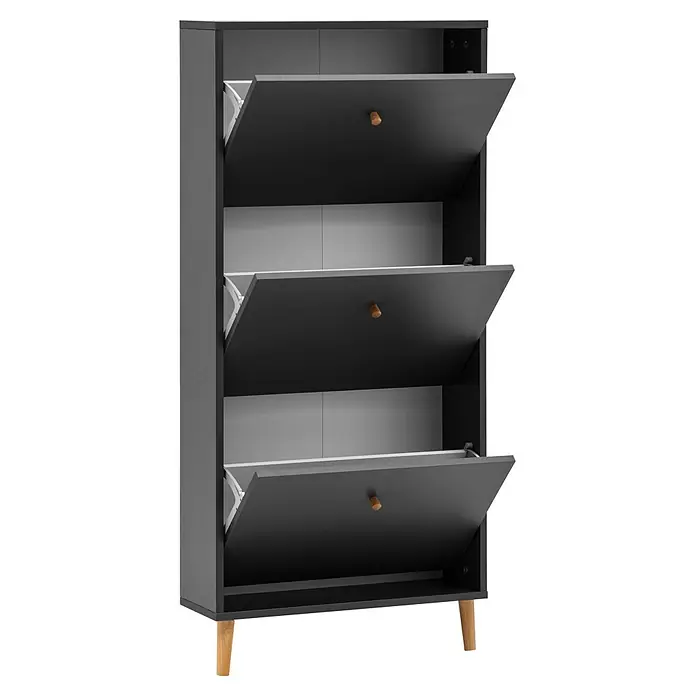 Schildmeyer Bjarne Schuhschrank - L x B x H: 19,5 x 59,8 x 131 cm, Anthrazit, Anzahl Fächer: 3 Stk. - Dunkelgrauer Schuhschrank mit drei Kippfächern und hellen Holzknöpfen und -beinen.