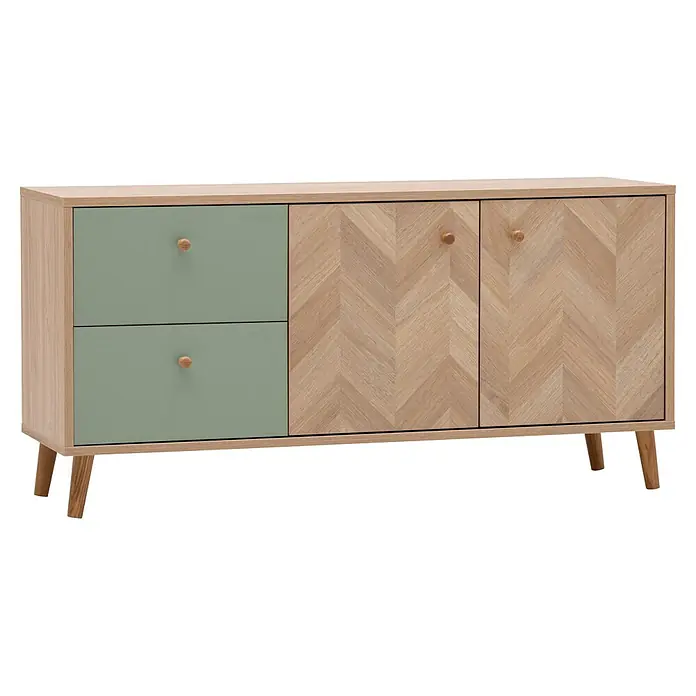 Schildmeyer Visby Lowboard - L x B x H: 33 x 109 x 54,1 cm, Pistazie - Holzkommode mit zwei salbeigrünen Schubladen und zwei Türen mit Fischgrätmuster, auf ausgestellten Holzbeinen.