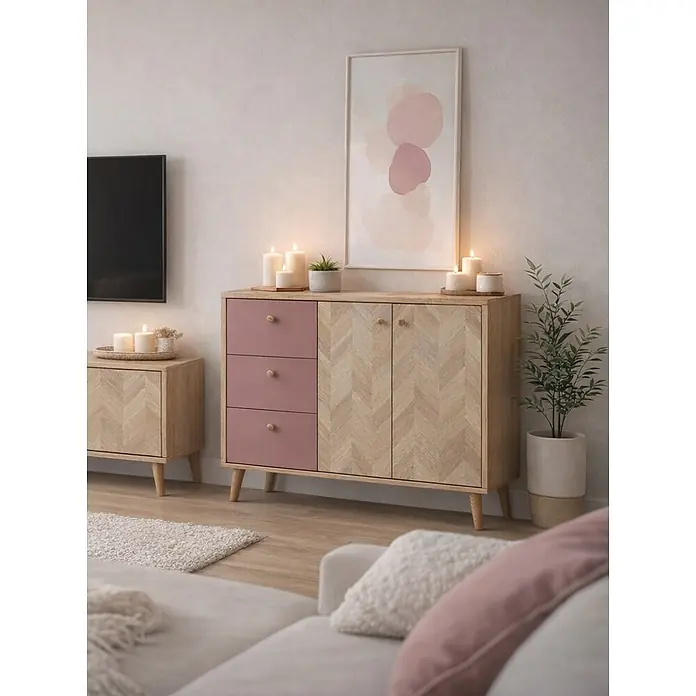 Schildmeyer Visby Sideboard - L x B x H: 33 x 109 x 73,9 cm, Mauve, Anzahl Schubladen: 3 Stk., Anzahl Türen: 2 Stk. - Sideboard mit hellen Holztüren im Fischgrätmuster, rosa Schubladen und passendem Beistellschrank im Wohnzimmer.