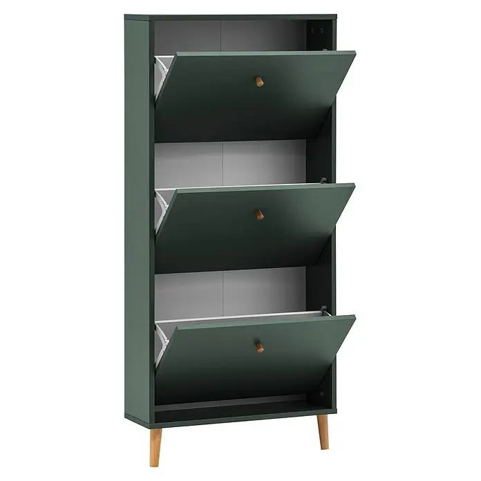 Schildmeyer Bjarne Schuhschrank - L x B x H: 19,5 x 59,8 x 131 cm, Waldgrün, Anzahl Fächer: 3 Stk. - Dunkelgrüner Schuhschrank mit 3 Kippfächern, Holzgriffen und konischen Holzfüßen.