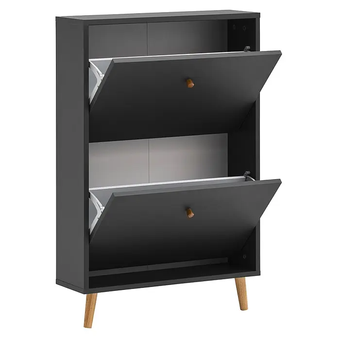 Schildmeyer Bjarne Schuhschrank - L x B x H: 19,5 x 59,8 x 92,2 cm, Anthrazit, Anzahl Fächer: 2 Stk. - Dunkelgrauer Schuhschrank mit zwei geöffneten Kippfächern, die weiße Schuhhalter und helle Holzbeine zeigen.