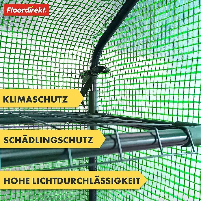 Floordirekt Gewächshaus Harrest - Außenmaß inkl. Dachüberstand (B x T): 143 x 73 cm, Material Seitenwand: Kunststoff - Innenansicht eines Gewächshauses mit grüner Gitterfolie, schwarzen Metallregalen, Floordirekt-Logo und Marketingtexten.