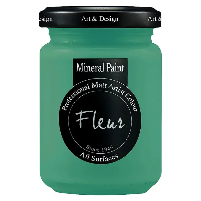 Fleur Pintura mineral - Emerald Life, 130 ml, Mate - Bote verde azulado de pintura mineral Fleur con tapa negra, etiquetado como 'Professional Matt Artist Colour' para todas las superficies.