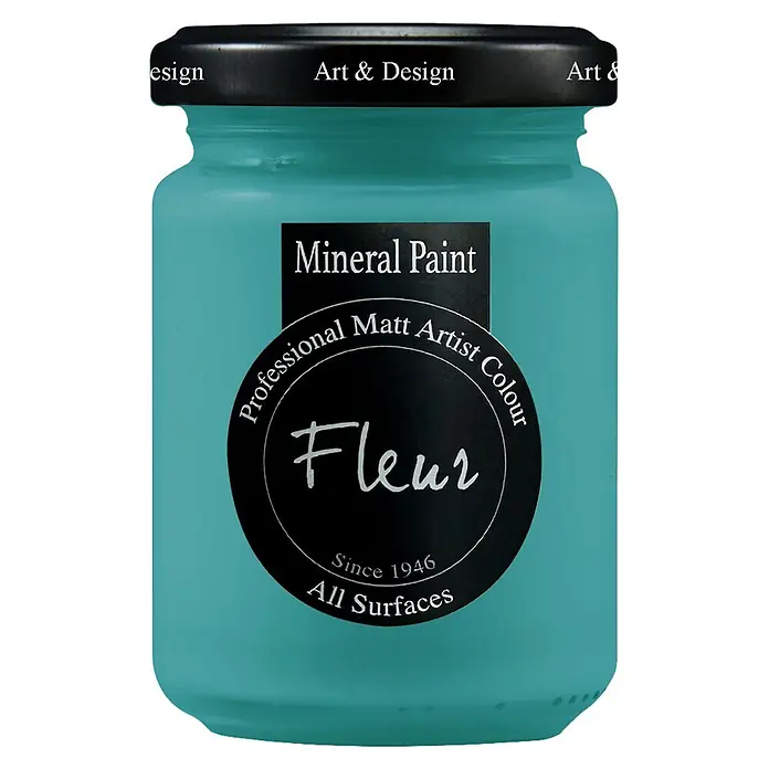 Fleur Pintura mineral - Istanbul Interior, 130 ml, Mate - Pintura mineral turquesa en un bote de cristal con tapa negra. Pintura mate profesional de artista de Fleur para todas las superficies.