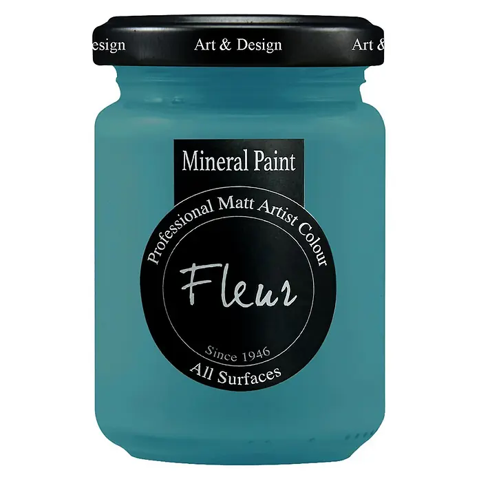 Fleur Pintura mineral - Miss Petronila, 130 ml, Mate - Bote azul turquesa de pintura mineral Fleur con etiqueta negra, color de artista mate profesional para todas las superficies.