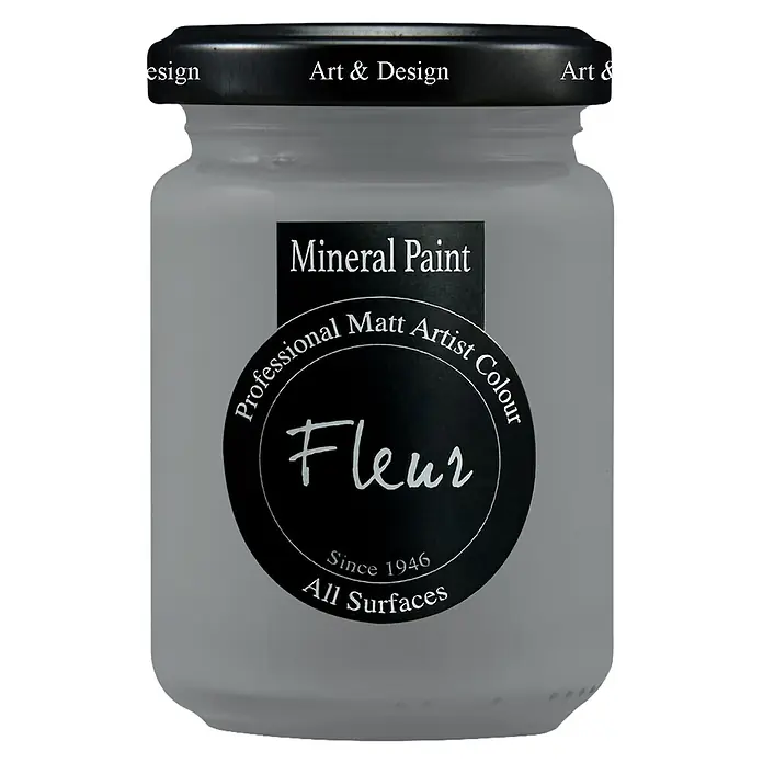 Fleur Pintura mineral - Smoky, 130 ml, Mate - Tarro de cristal transparente con pintura mineral gris, tapa negra y etiqueta negra con la inscripción blanca "Fleur".