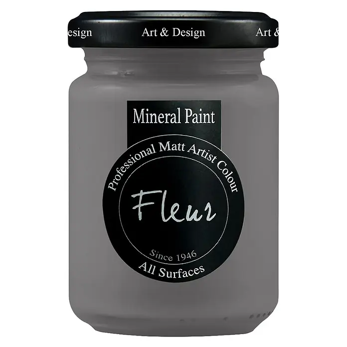 Fleur Pintura mineral - Metropolitan Poetry, 130 ml, Mate - Pintura mineral mate gris claro en un tarro de cristal con tapa negra. Apta para todas las superficies.