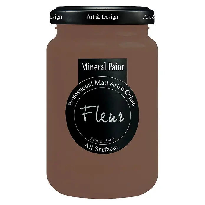 Fleur Pintura mineral - Chocolate 60%, 330 ml, Mate - Tarro marrón de pintura mineral Fleur, Professional Matt Artist Colour, con etiqueta y tapa negras.