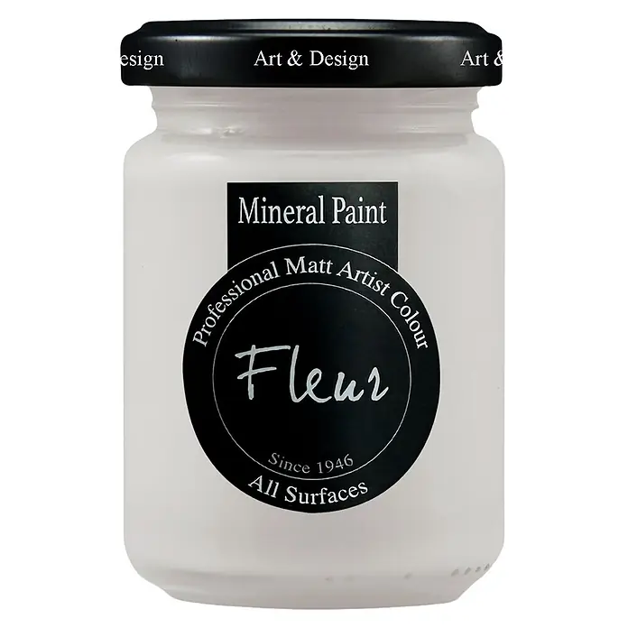 Fleur Pintura mineral - Mr Grey, 130 ml, Mate - Pintura mineral blanca Fleur en un frasco de vidrio con tapa y etiqueta negras, color mate profesional para todas las superficies.