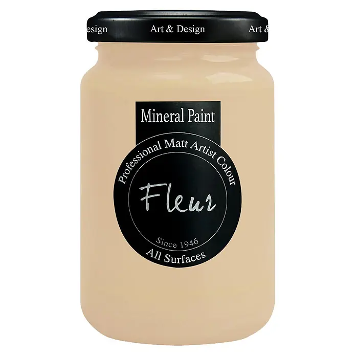 Fleur Pintura mineral - Soft Cinnamon, 330 ml, Mate - Pintura mineral mate beige claro en tarro de cristal con tapa negra 'Art & Design' y etiqueta Fleur.
