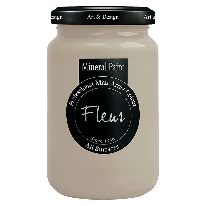 Fleur Pintura mineral - James Taupe, 330 ml, Mate - Pintura mineral Fleur beige claro en un tarro de cristal transparente con tapa negra. La etiqueta indica 'Professional Matt Artist Colour'.