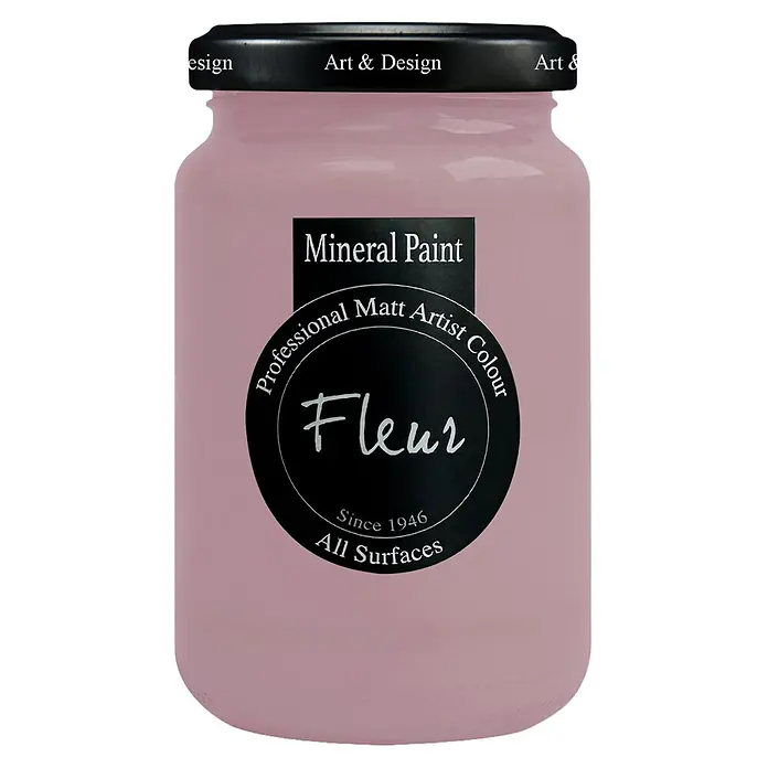 Fleur Pintura mineral - Elegant Rose, 330 ml, Mate - Pintura mineral Fleur rosa claro en tarro de cristal con tapa negra. Color de artista mate profesional para todas las superficies.