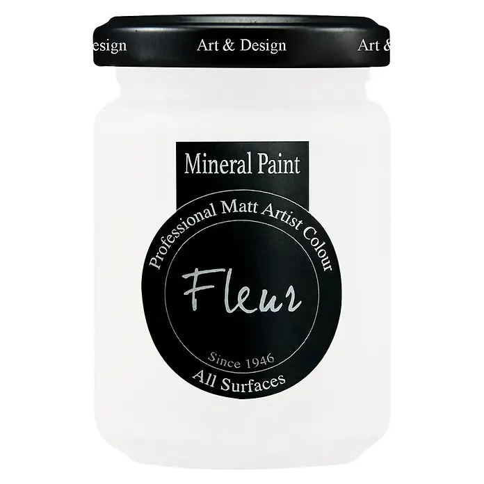 Fleur Pintura mineral - Titanium White, 130 ml, Mate - Tarro blanco de pintura mineral Fleur con tapa y etiqueta negras, color de artista mate profesional para todas las superficies.