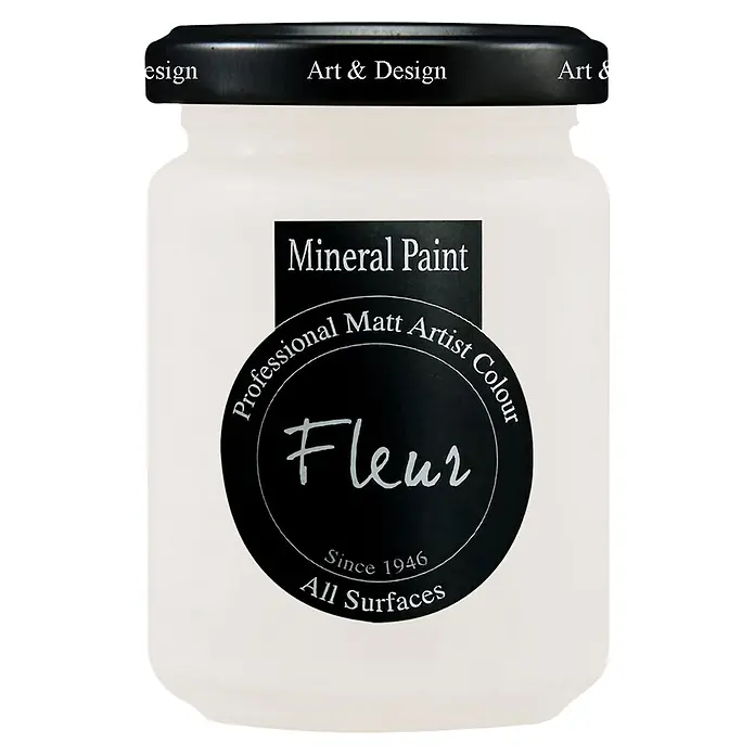 Fleur Pintura mineral - Grey White, 130 ml, Mate - Bote de pintura mineral blanca Fleur con tapa negra, etiquetado como "Professional Matt Artist Colour" para "All Surfaces".