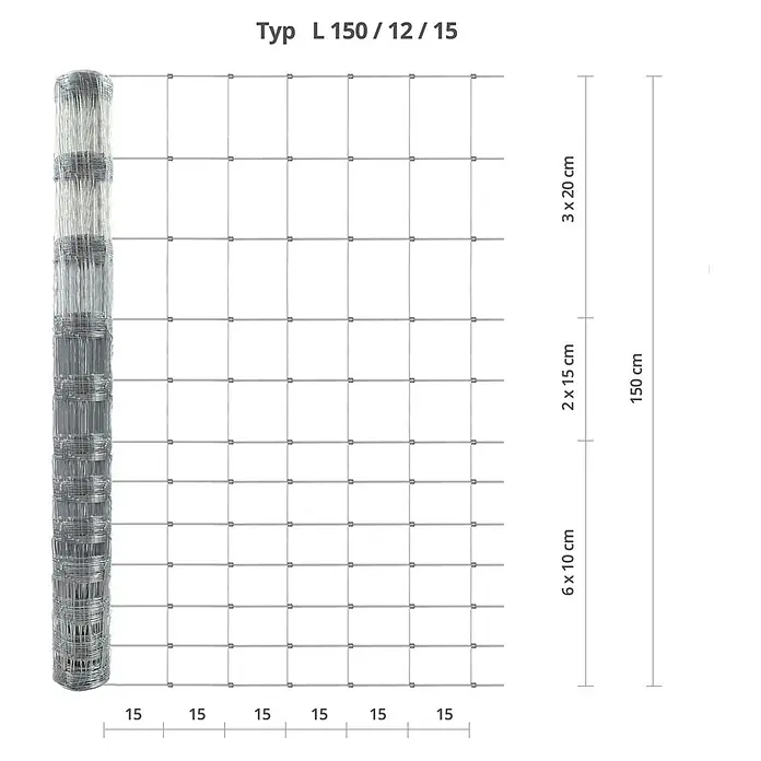 Floordirekt Maschendrahtzaun Wildzaun - 50 x 1,5 m, Grau - Verzinktes Knotengeflecht, teils gerollt, mit einer Höhe von 150 cm, 15 cm horizontalem und variabler vertikaler Maschenweite (6x10, 2x15, 3x20 cm).