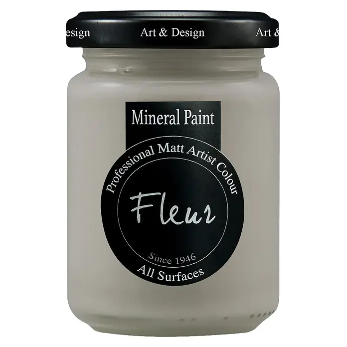 Fleur Pintura mineral - Greige, 130 ml, Mate - Pintura mineral Fleur, color de artista mate profesional beige claro en tarro de cristal con tapa negra 'Art & Design', para todas las superficies.