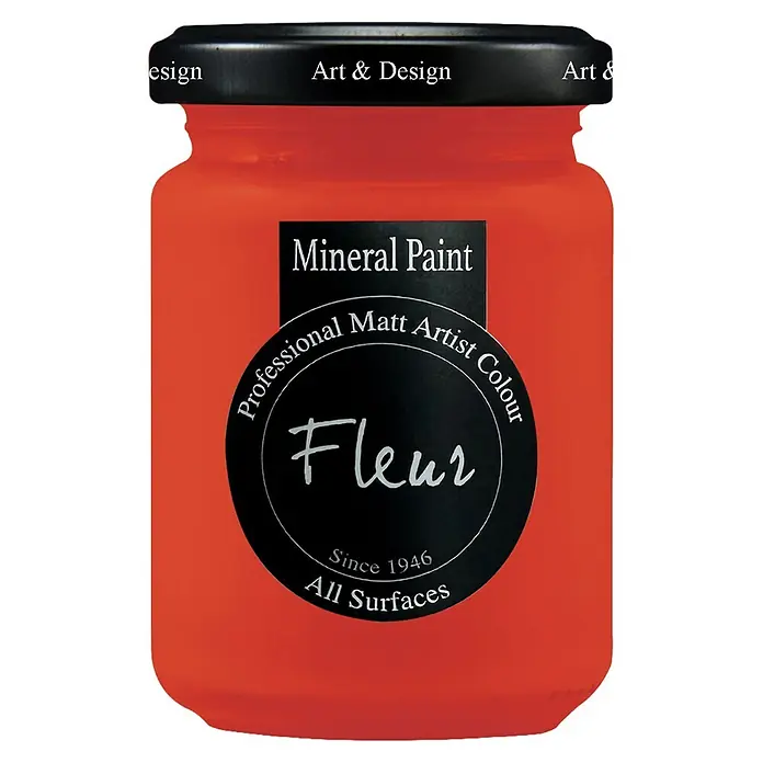 Fleur Pintura mineral - Vivid Red, 130 ml, Mate - Bote rojo de pintura mineral Fleur con tapa y etiqueta negras. Color de artista mate profesional para todas las superficies.