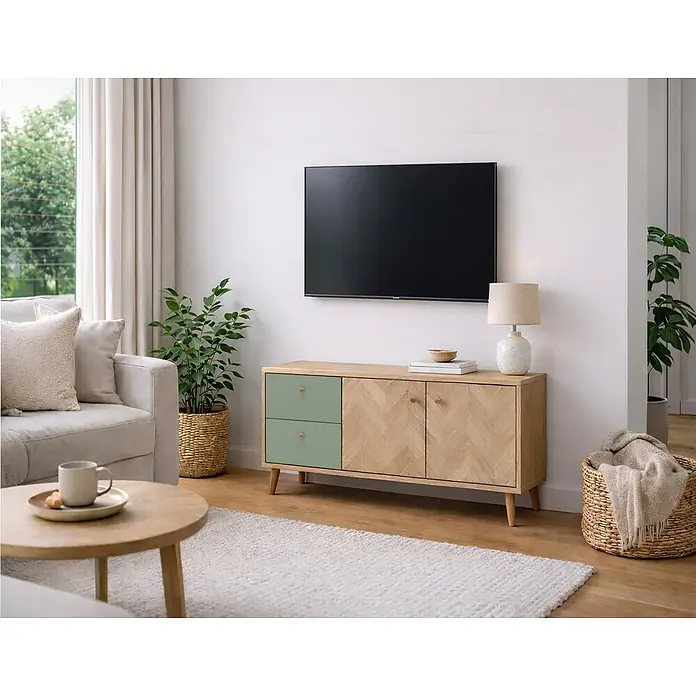 Schildmeyer Visby Lowboard - L x B x H: 33 x 109 x 54,1 cm, Pistazie - Hölzernes TV-Lowboard mit Fischgrätmuster-Türen und grünen Schubladen im modernen Wohnzimmer.