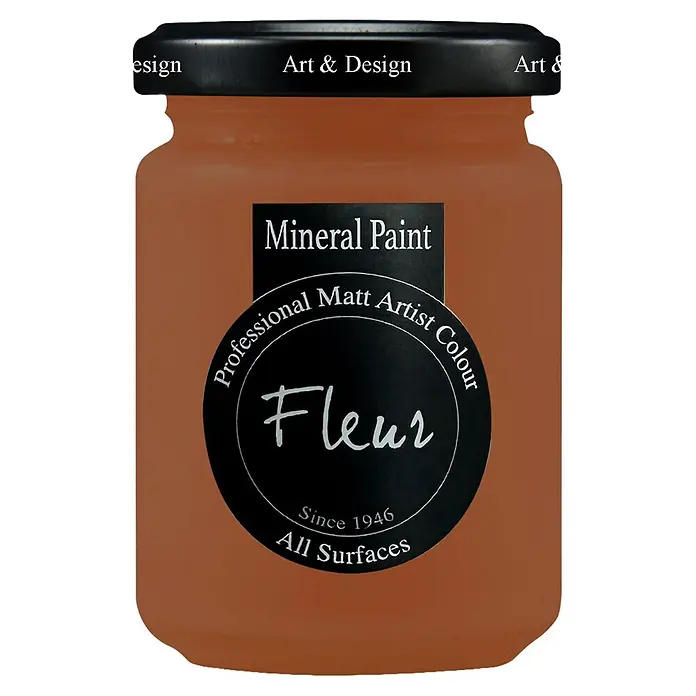 Fleur Pintura mineral - Rusty, 130 ml, Mate - Tarro marrón de pintura mineral mate profesional Fleur con tapa y etiqueta negras.
