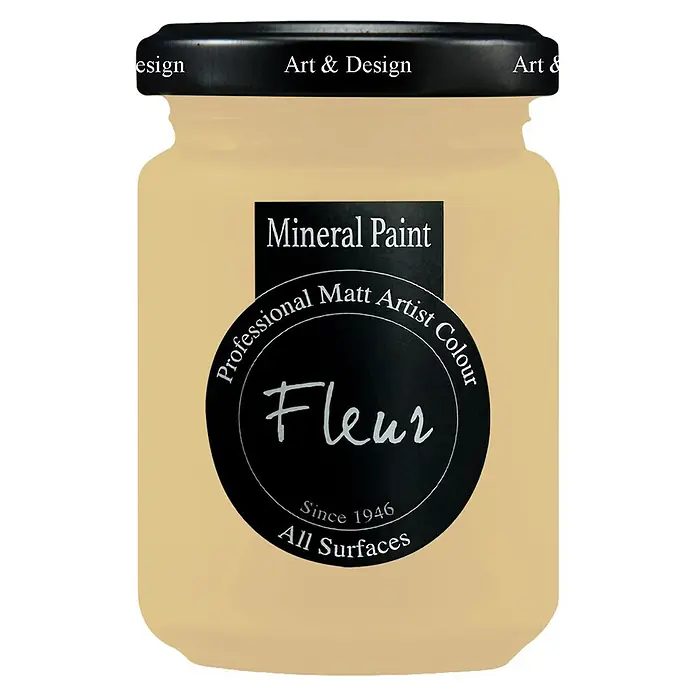 Fleur Pintura mineral - Soft Cinnamon, 130 ml, Mate - Tarro de pintura amarillo pálido con tapa y etiqueta negras, marcado 'Fleur Mineral Paint'.